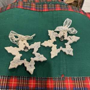 2 Porcelain Snowflake Ornaments White & Blue ~ Tags Say Peace & Joy